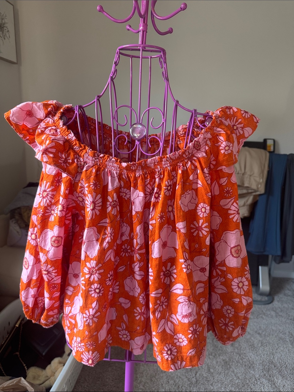 Free People Off-Shoulder Floral Blouse in Orange and Pink
